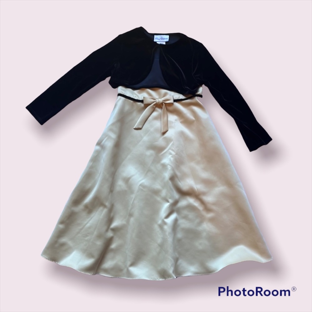 Girl’s Gold Long Formal Dress & Black Cardigan Set
